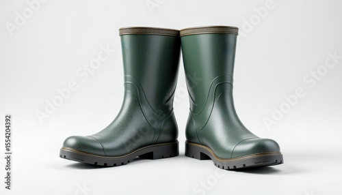 A pair of dark green rubber boots with textured surfaces and sturdy soles are presented against a minimalist white background.  The boots are mid-calf height and appear waterproof.