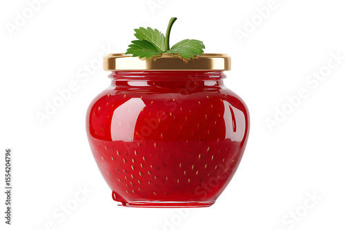 A glistening jar of strawberry jam with a golden lid and fresh green leaves isolated on transparent background