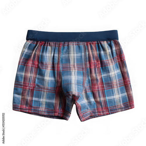 A pair of plaid boxer briefs with a blue waistband on a white background shot