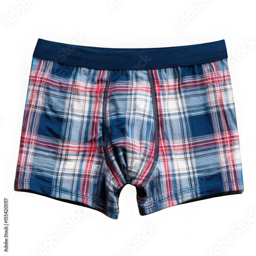 A pair of plaid boxer briefs with a blue waistband on a white background