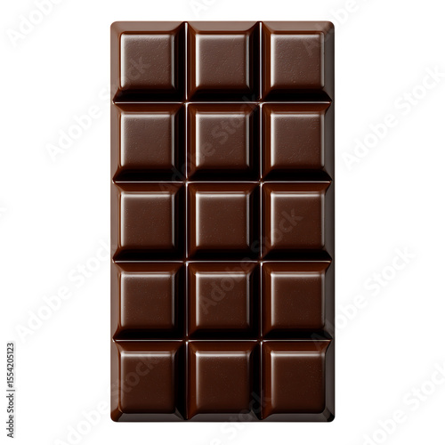 A rich dark chocolate bar with twelve segmented squares isolated on transparent background