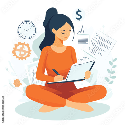 Woman sitting cross-legged writing in notebook, surrounded by financial documents and gear icons, with chart and dollar symbol on white background