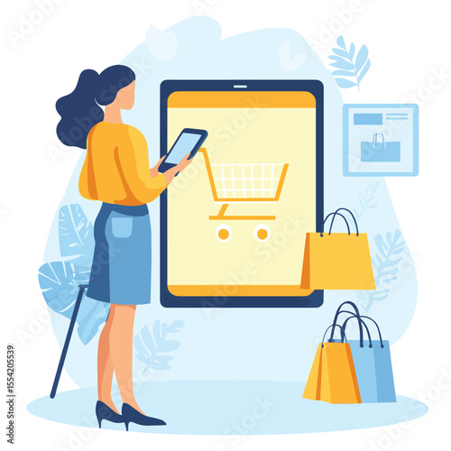 Woman using tablet for online shopping, large smartphone screen with cart icon, virtual assistant support, shopping bags, flat style on white background
