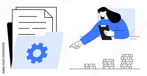 Woman holding clipboard, folder with gear icon, stacked coins as financial concept. Ideal for business planning, financial forecasting, document management, strategy, analytics, teamwork simple