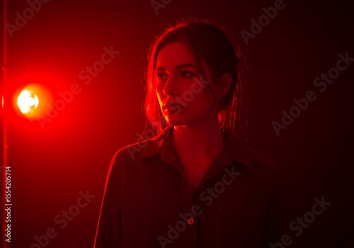 Red Light Dramatic Portrait A Woman in Shadow on transparent background