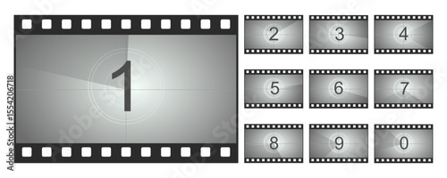 Countdown movie frame, film intro animation retro video screen. Start Timer set, film strip border, Vintage counter.