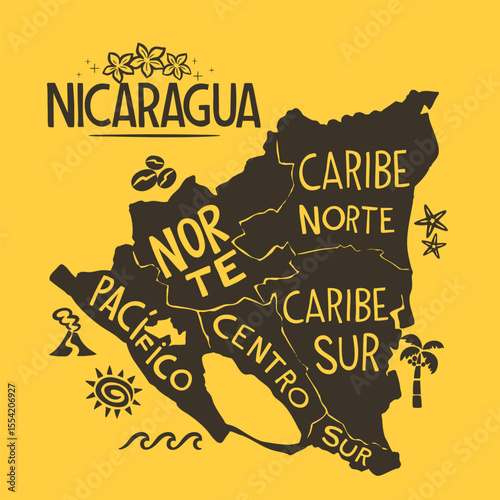 Map of Nicaragua, its culture and its traditions. Central America.