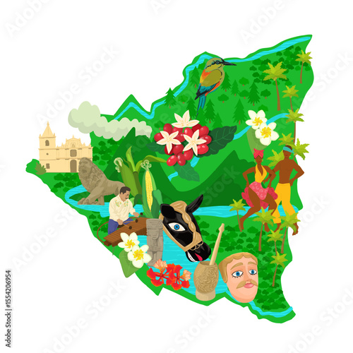 Map of Nicaragua, its culture and its traditions. Central America.
