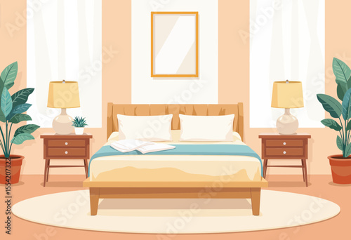 Cozy bedroom interior with modern decor and plants by the window  