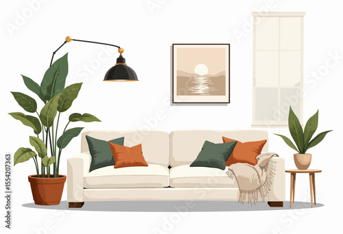 Modern living room interior with cozy sofa and indoor plants  