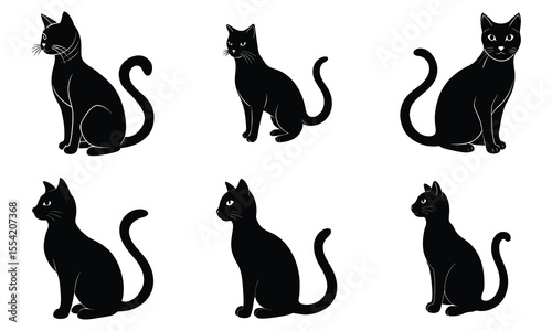Elegant Black Cat Silhouettes Six Poses for Design