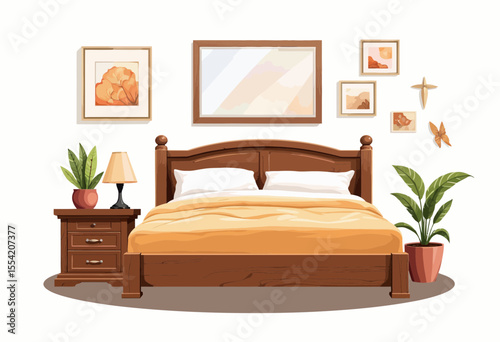 Cozy bedroom with wooden furniture and warm color accents  