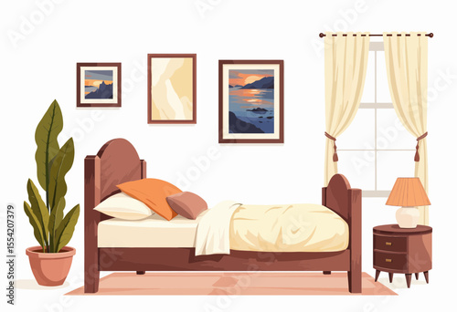 Cozy bedroom interior with wooden bed, curtains, and artwork  