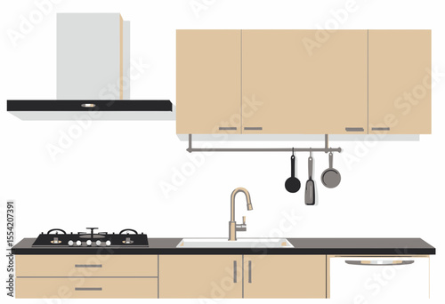 Modern kitchen design with beige cabinets and black countertops  