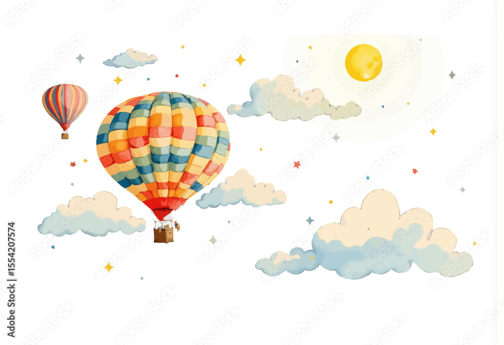 Obraz premium Colorful hot air balloons flying in a blue sky with clouds 