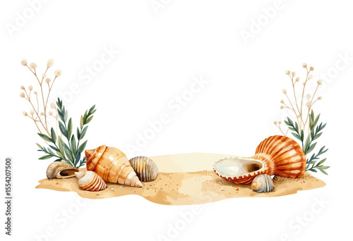 Coastal beach scene with seashells and greenery on sand  