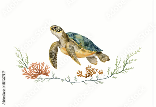 Sea turtle swimming among coral and seaweed in ocean environment  