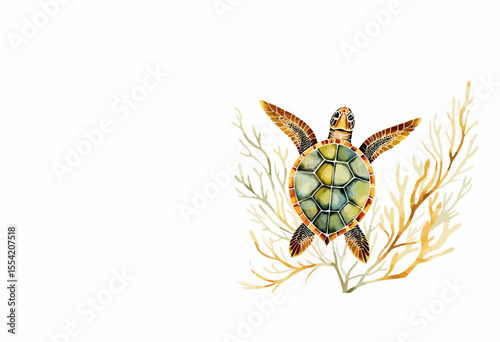 Sea turtle swimming among coral seaweed in a vibrant underwater scene  