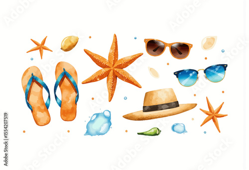 Summer beach accessories including sunglasses and flip-flops  