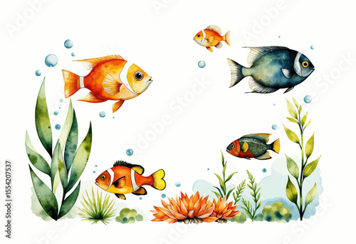 Colorful fish swimming among aquatic plants in a vibrant underwater scene  