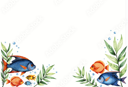 Colorful fish swimming among green leaves in a watercolor style  
