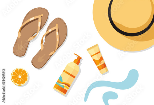 Summer beach essentials: flip-flops, sunscreen, hat, and lemon  