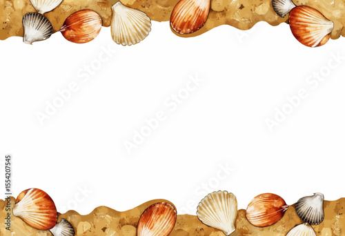 Decorative seashell border with sandy texture and white space  