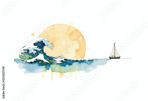 Watercolor ocean wave with sailboat and sun in the background  