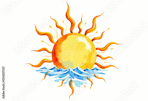 Watercolor sun with rays above ocean waves in bright colors  