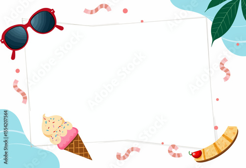 Summer-themed frame with sunglasses, ice cream, and tropical leaves  