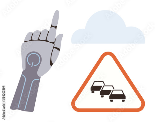 Robotic hand pointing upward, cloud, traffic warning sign with cars. Ideal for AI, automation, innovation, navigation, smart technology robotics future. A simple flat metaphor