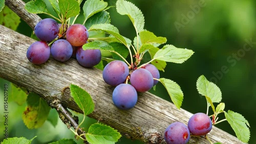 Ripe plums hanging on a tree branch, bathed in sunlight, showcasing the natural beauty and freshness of organic fruits.