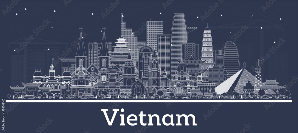 Fototapeta premium Outline Vietnam City Skyline with white Buildings. Illustration. Tourism Concept with Historic Architecture. Vietnam Cityscape with Landmarks. Hanoi. Ho Chi Minh. Haiphong. Da Nang.