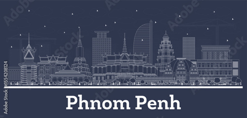 Outline Phnom Penh Cambodia City Skyline with white Buildings. Illustration. Business Travel and Tourism Concept with Historic Architecture. Phnom Penh Cityscape with Landmarks.