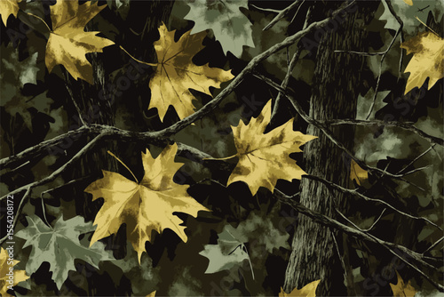 Realistic forest camouflage. Seamless pattern. Conifer tree, branches and leaves. Useable for hunting and military purposes.