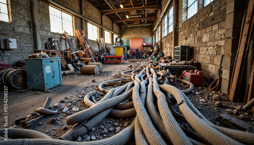 Frayed electrical cables in industrial plant, highlighting fire risk