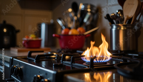 Unattended stovetop flame in residential kitchen at night, fire risk