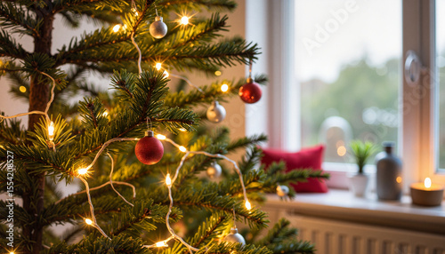 Dried Christmas tree with tangled lights in cozy living room, holiday nostalgia