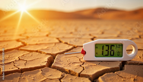 High temperature reading on digital thermometer in scorched desert, climate awareness