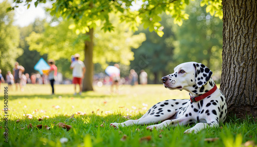 Dalmatian relaxing in summer park shade, calm afternoon vibe