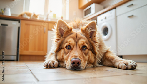 Calm Shepherd dog resting on kitchen floor with natural light, tranquility