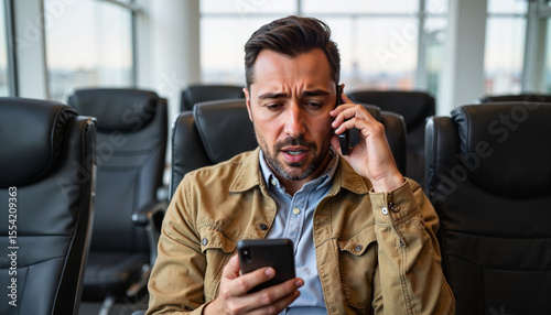 Frustrated traveler on the phone in airport seating area, lost luggage
