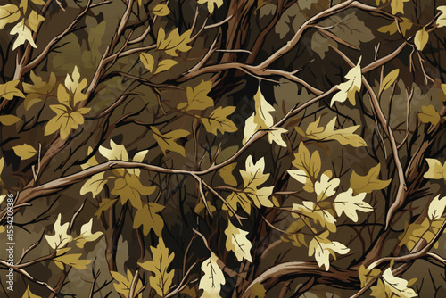 Vector camouflage design. Seamless pattern. Hunting camouflage. Forest background. Jungle texture. Digital camouflage. Abstract. Real tree hunting camouflage pattern. Tree, leaves and stems texture