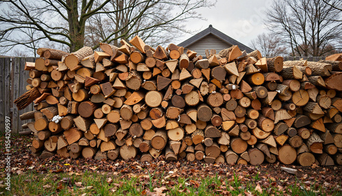Improperly stacked firewood pile in cloudy garden, maintenance neglect