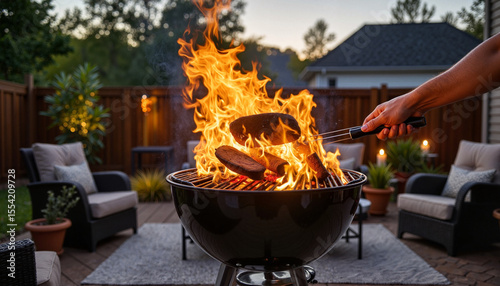 Flames erupt from unattended barbecue grill in backyard, fire hazard
