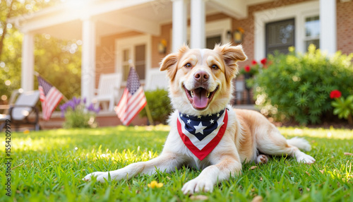 Happy dog lounging in garden with patriotic bandana, Fourth of July spirit