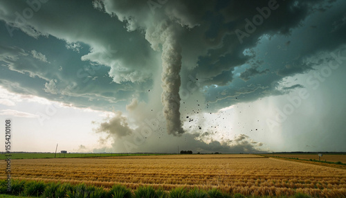 Raging tornado in open field under stormy sky, extreme weather