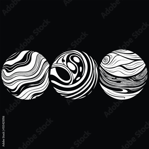 Abstract background with swirling colorful circles and sweet egg-shaped fruit ornaments on a black canvas