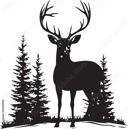 deer in the forest, deer, animal, reindeer, vector, silhouette, nature, illustration, wild, mammal, antler, wildlife, stag, goat, cartoon, hunting, winter, forest, buck, horn, elk, horns, design, draw