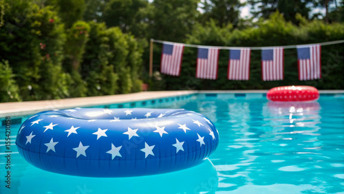 Independence day celebration. Patriotic pool float American flag summer outdoor holiday celebration festive, family gathering holiday, 4th july